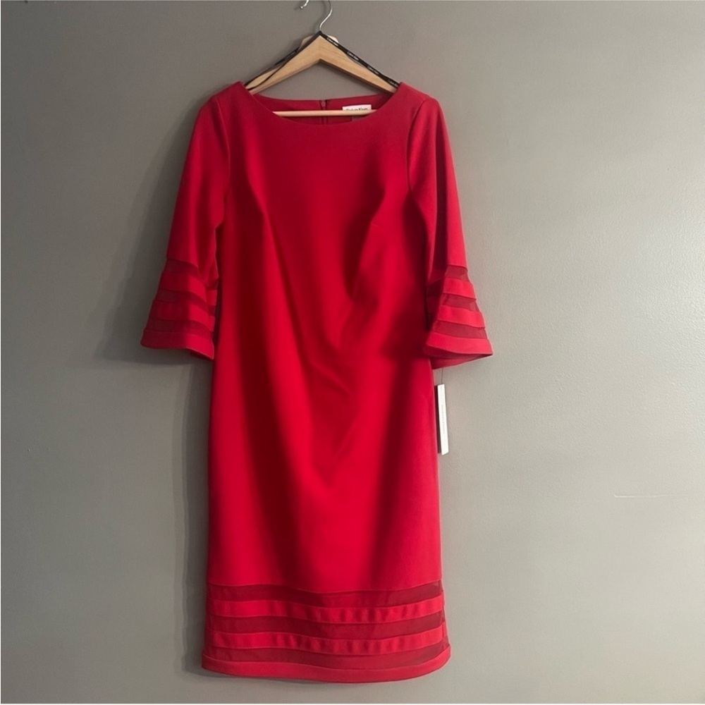 NWT Calvin Klein Mesh Illusion-trim Bell Sleeve Scuba Crepe Sheath Dress Red 18W - Picture 6 of 10